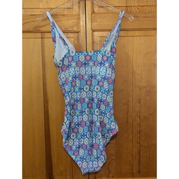 Bal Barbour Womens‎ Swimsuit 14 One Piece V Neck, Blue & White Geometric - Picture 7 of 16